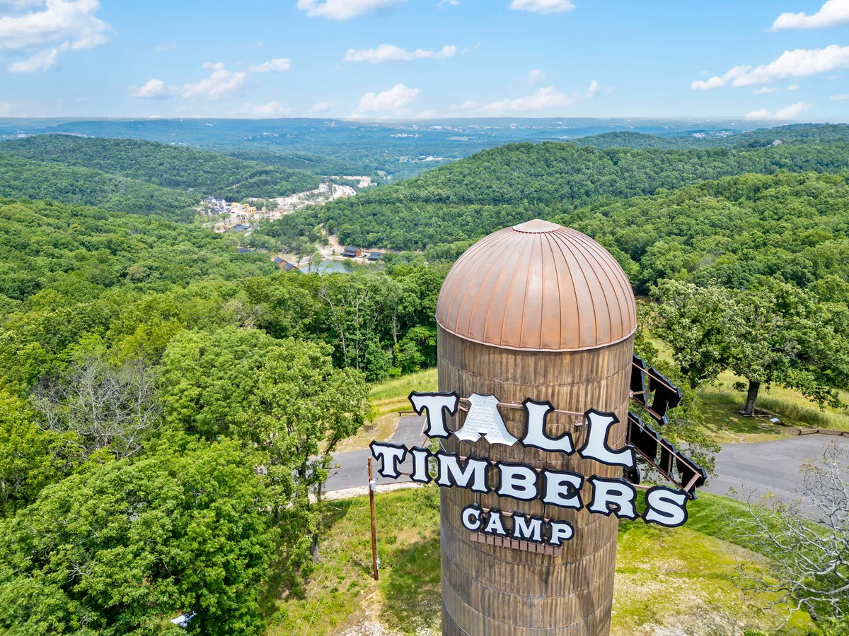 A wide-angle view of the Tall Timbers Camp water tower surrounded by green hills and a glimpse of the nearby community. The scene captures the early development phase of the area, suggesting an environment where new homes are emerging within a picturesque setting.